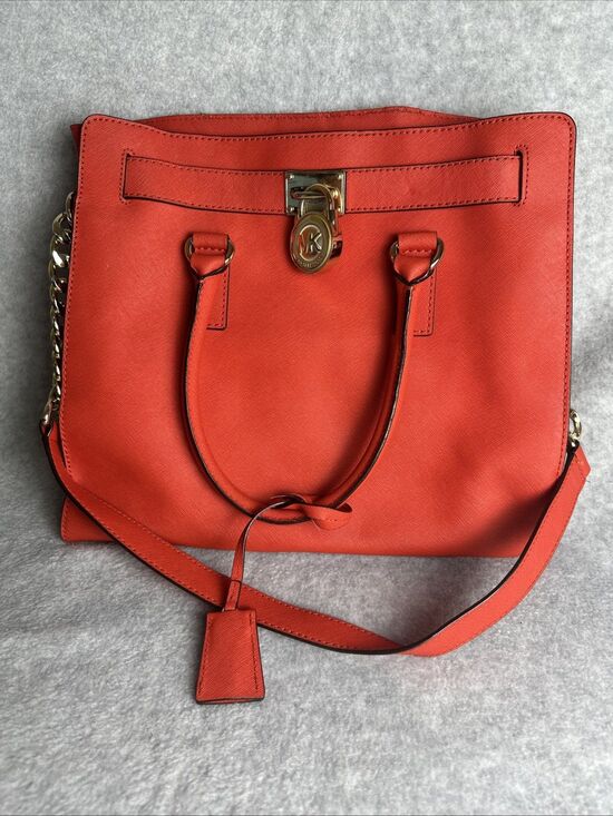 Michael Kors Handbags - MICHAEL KORS Hamilton Coral Red Saffiano Leather Gold HW E/W Large Satchel Bag
